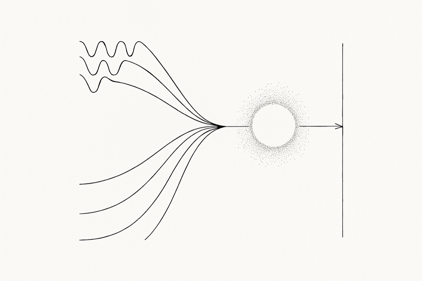 Abstract line illustration of a quantum computation converging to a measured outcome