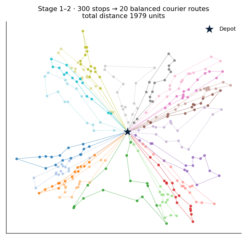300 stops decomposed into 20 balanced courier routes