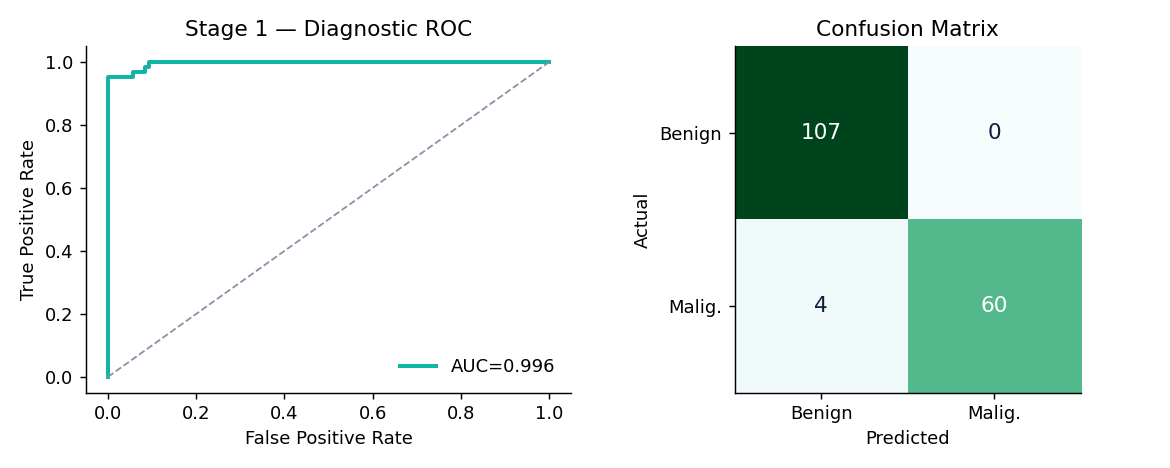 Diagnostic ROC and confusion matrix (classical stage)